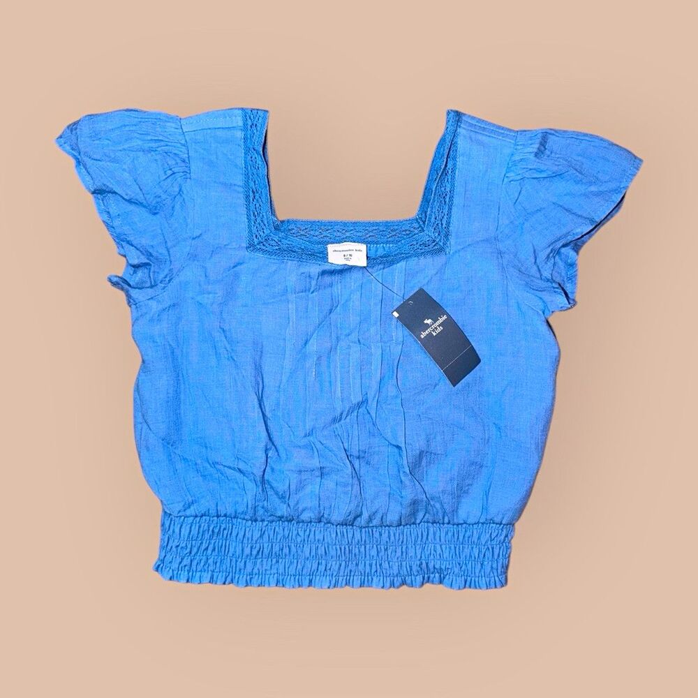 Abercrombie Kids Girls 9/10 Blue Flutter Sleeve Smocked Crop Top NWT